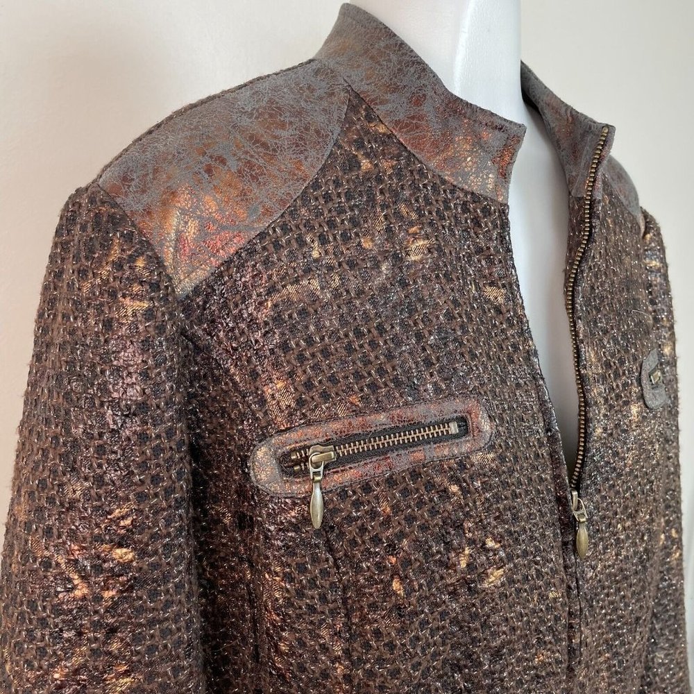 Chico's Jacket 3 Women's XL Tweed Brown Bronze Metallic Full-Zip - Picture 2 of 11